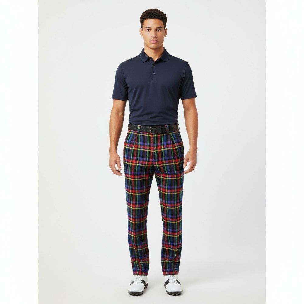 Vintage Multi-color Plaid Trousers Double Button Waist Retro Size L-XL